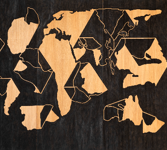 Geografias Desdobradas - Painel Mapa-múndi, 2023 | Pintura sobre madeira | 210x368 cm / ed. única | Coleção da artista